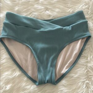 Teal High Waisted Crossover Ribbed Bikini Bottoms Size Medium